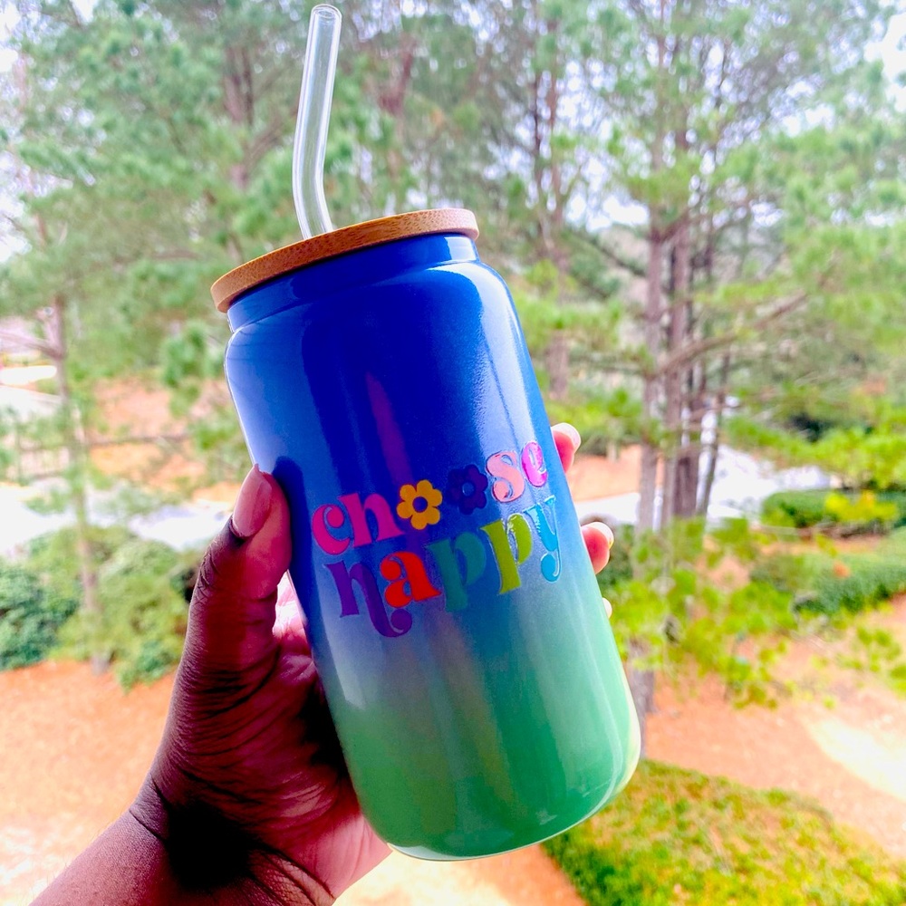 🌸  Ombre “Choose Happy” Glass Tumbler with Bamboo Lid & Straw 🌸